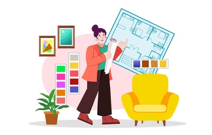 Woman Working On Home Renovation And House Decorating Illustration Premium Vector image