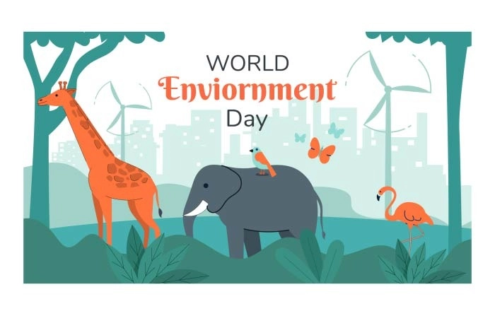 World Environment Day With Animals Leaves Flowers Butterfly Vector Illustration image
