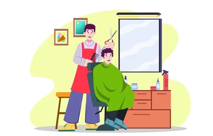 Interior Scene Of Barber Shop Doing Hair Cut Vector Illustration image