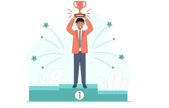 Male Employee Taking First Prize And Winning Trophy Premium Vector Illustration