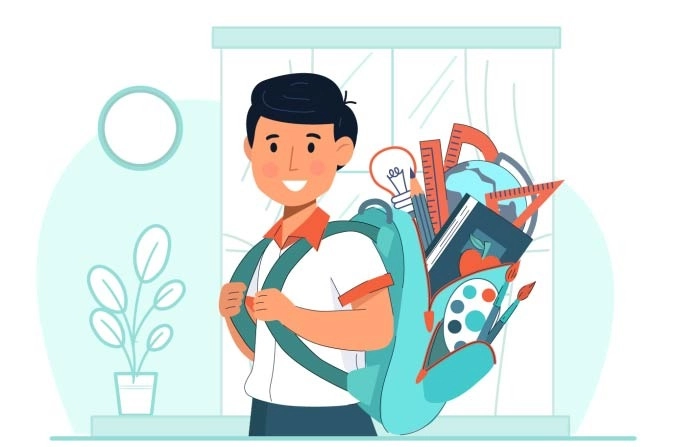 Creative Boy Going Back To School With School Elements Illustration Premium Vector image