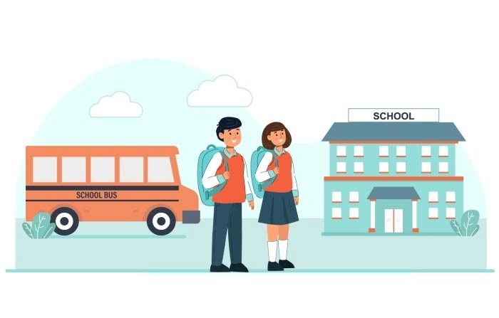 School Building With School Bus And Students Illustration Premium Vector image