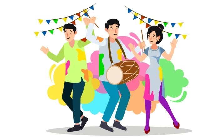 Young People Dancing On Holi Festival In Colorful Costume Vector Illustration image