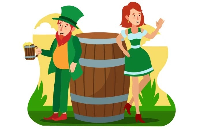 A Man And Women Standing Near Pot In Traditional Costume Premium Vector