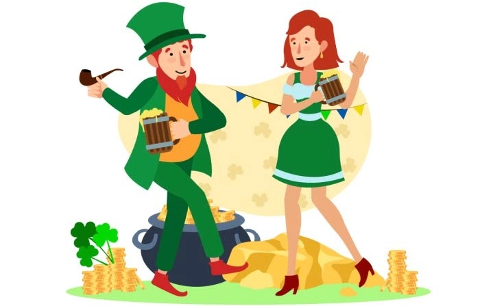 Happy St Patrick Man And Woman Dancing With Coins And Beer Illustration Premium Vector