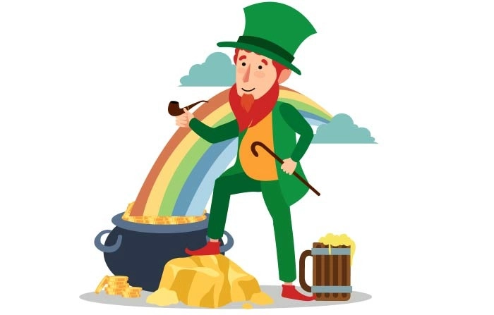 St Patricks Day Pot Of Gold Coin With Colorful Shamrock Rainbow Illustration Premium Vector