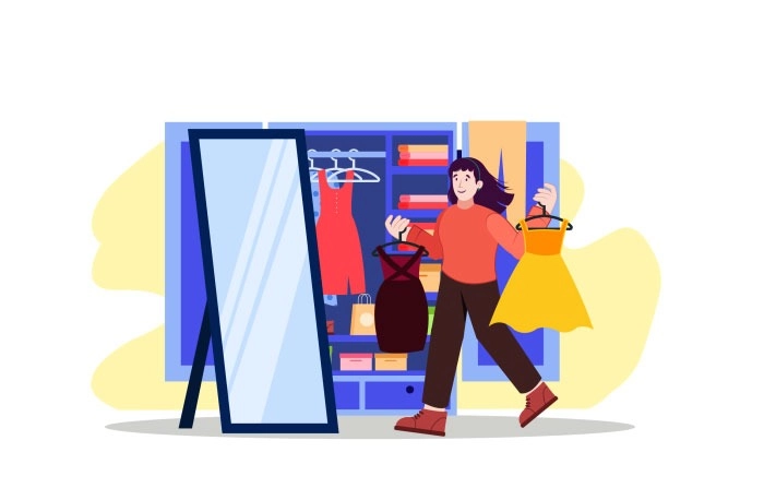 Premium Vector Girl Choosing Outfit From Wardrobe In Front Of Mirror