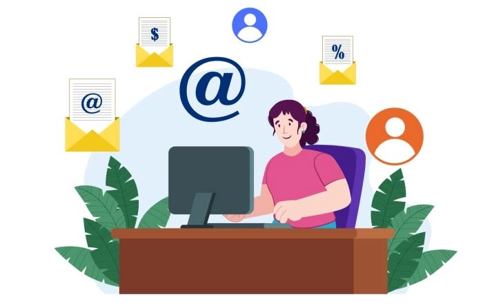 Girl With Desktop Using Email Marketing Premium Vector Image Illustration image