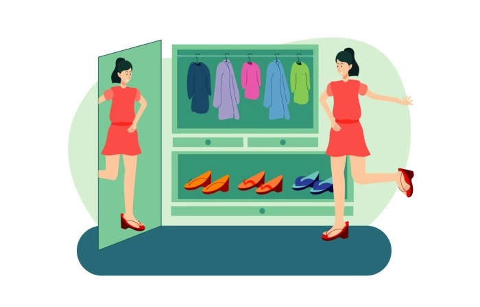 Vector Illustration Of Young Girl Getting Dressed In Front Of Mirror image