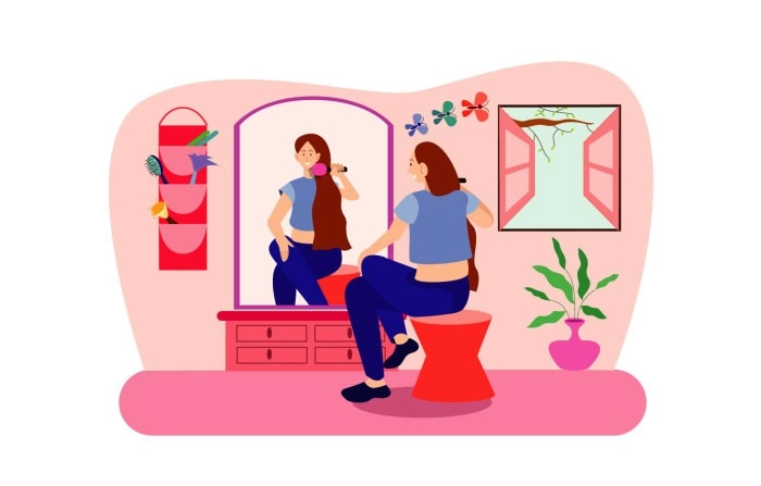 Illustration Of Girl Brushing Hair In Front Of Mirror image