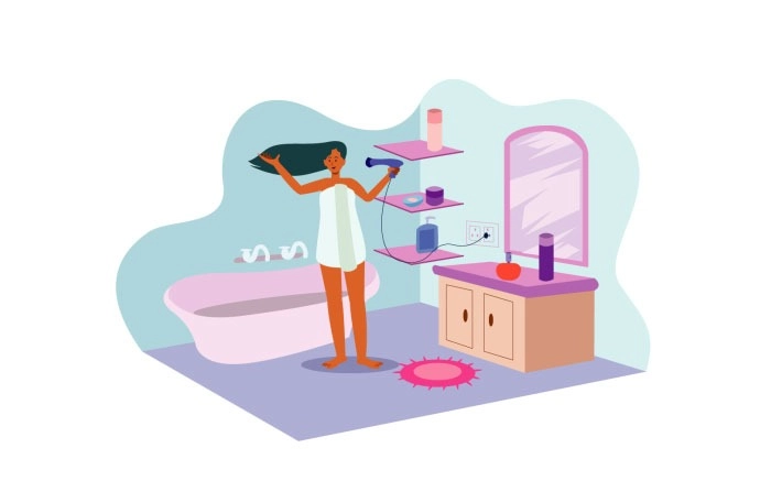 Women In Towel Blowdrying Hair In The Bathroom Vector Image image