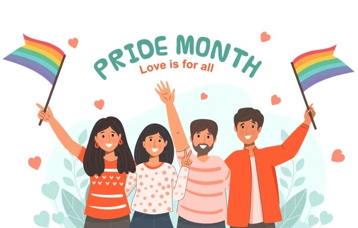 People Celebrating Pride Month Holding Rainbow Flag Premium Vector Illustration
