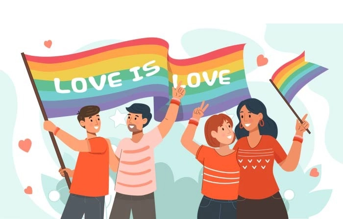 Happy Pride Month Couples Celebrating Holding Love Is Love Pride Flag Image