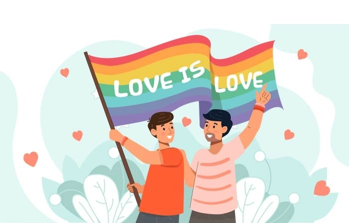 Gay Couple Celebrating Gay Pride Month Holding Pride Flag Vector Illustration Image