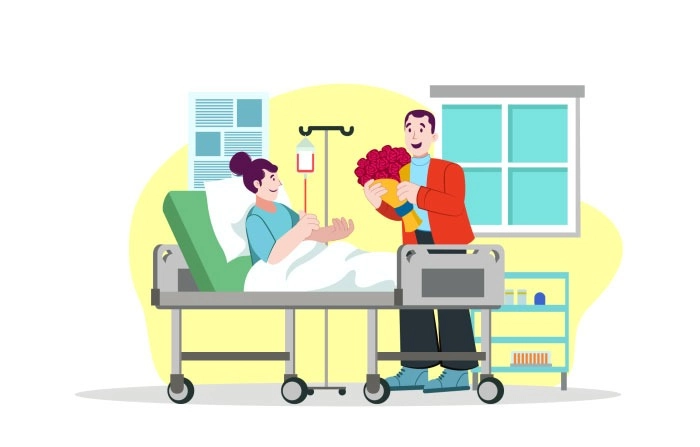 Caring Husband Bringing  Red Flowers While Visiting Sick Wife Illustration