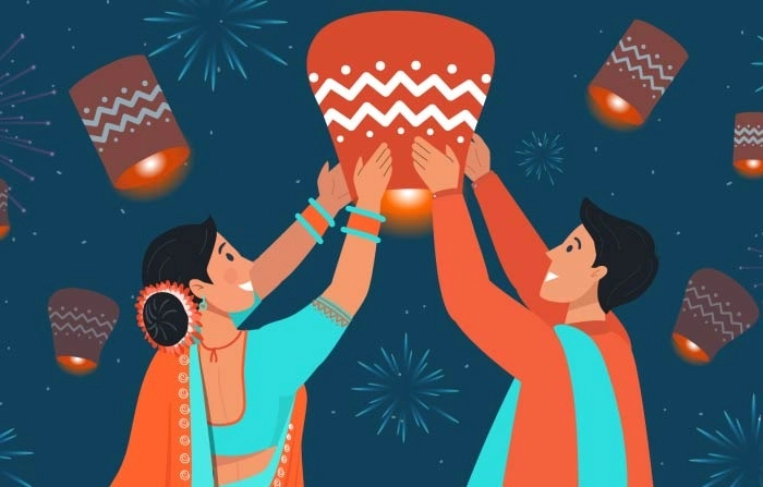 Couple Flying Sky Lantern In The Sky In Diwali Night Vector Illustration Image