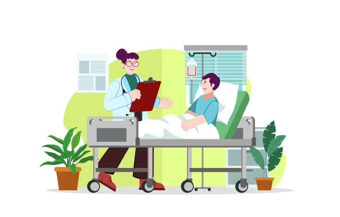 Patient In Bed Female Doctor Standing Holding Clipboard And Medical Equipment Illustration