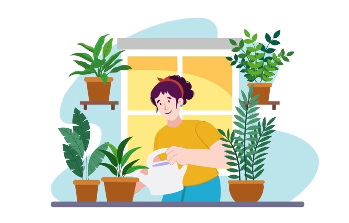 Girl Smiling And Watering Plants At Home Flat Vector Illustration image