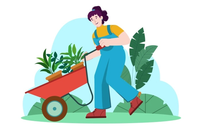 Woman Moving Pots And Plants In A Wheel Barrow For Home Gardening  Premium Vector Illustration