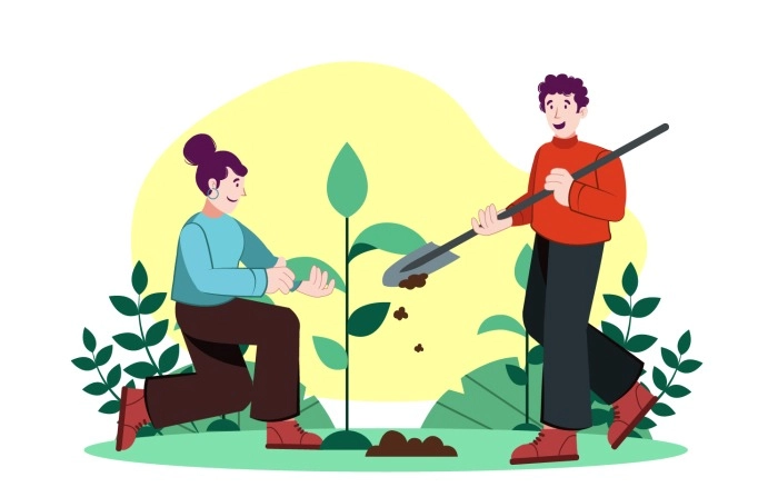 People Planting Trees Flat Cartoon Vector Illustration