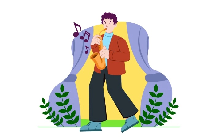 Flat Character Young Boy Playing Saxophone Illustration