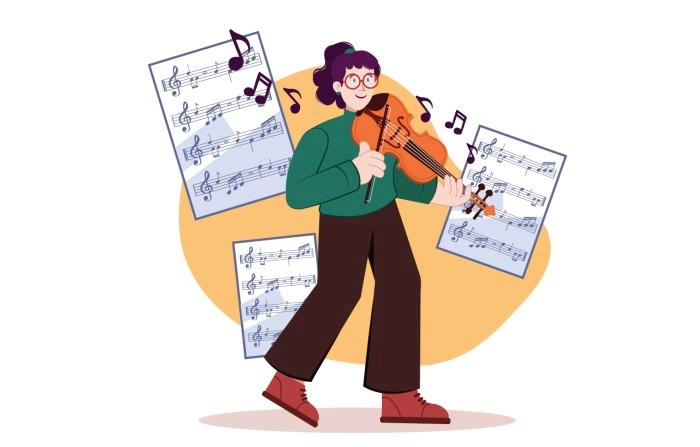 Flat Cute Girl Playing Violin Premium Vector