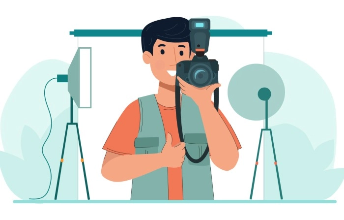 Flat Character Of Male Photographer Holding Digital Camera For Taking Photos
