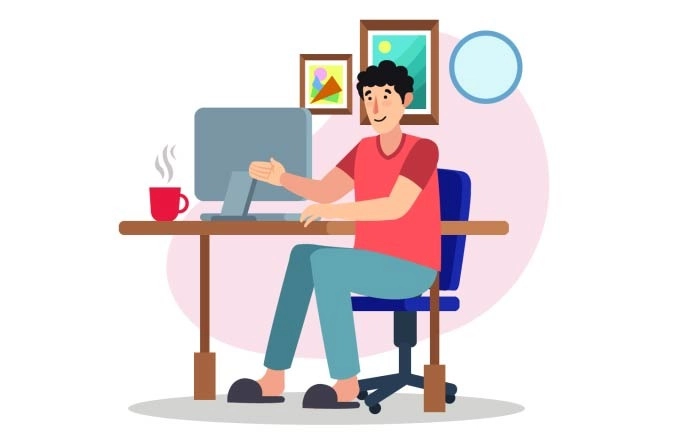 Working At Home Concept People Work In Comfortable Conditions On Laptops At Home Vector Illustration image