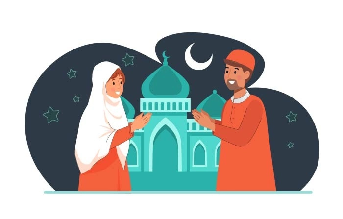 Illustration Of Muslim Family Pray Before Meal To Break The Fasting