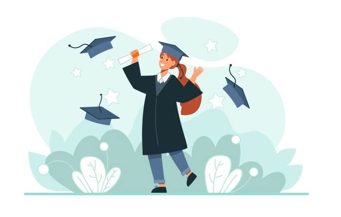 Graduation Hat Toss By Young Girl Vector Illustration