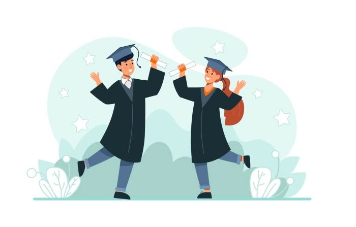 Happy Cartoon College Or University Students Holding Diplomas Premium Vector