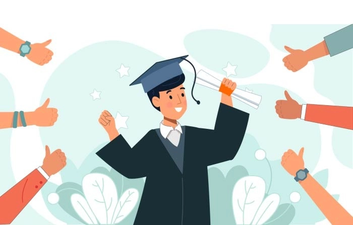 People Congratulating Boy On Getting Degree Certificate Flat Vector Illustration
