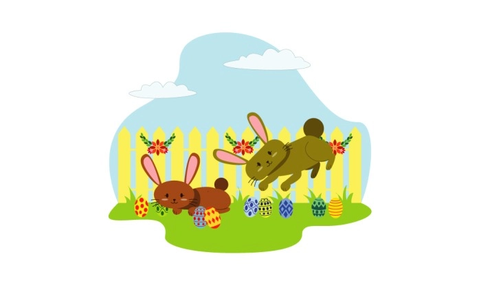 Vector Character Cute Easter Bunnies With Eggs And Flowers Jumping