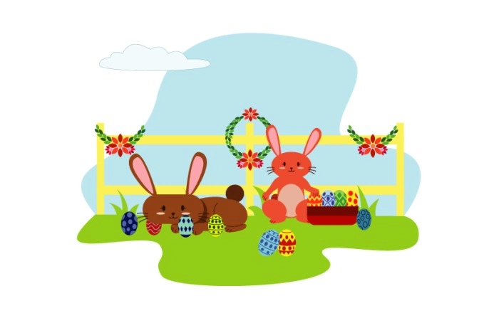 Vector Illustration Of Funny Easter Bunnies With Eggs And Flowers