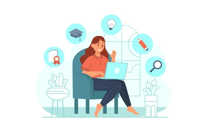 Female Student Learning Online Courses On Her Laptop At Home Premium Vector