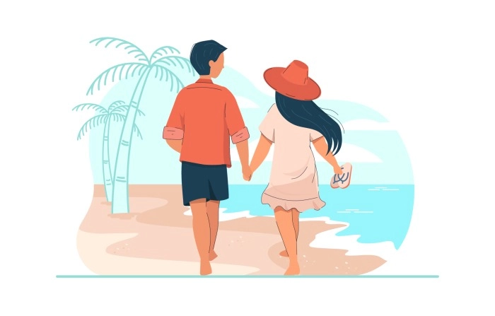 Young Guy And Girl Holding Hands Walking On Beach Illustration Premium Vector image