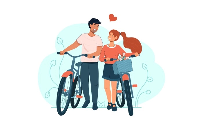 Happy Couple Walking With Bicycles On The Road In Peaceful Place Illustration Free Vector