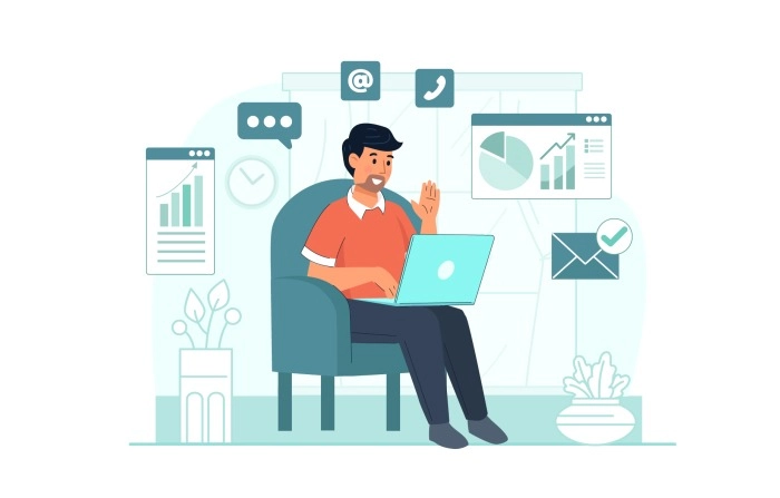 A Man Attending Online Meeting  And Calls While Work From Home Illustration Premium Vector