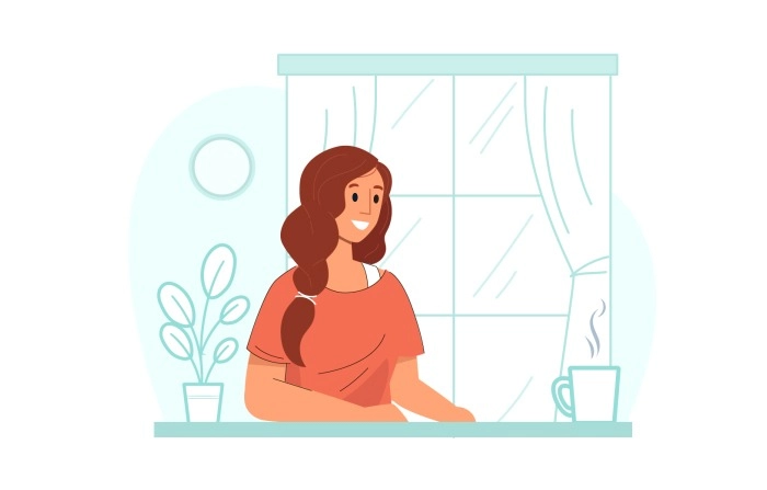 Female Employee Working From Home With A Cup Of Tea Premium Vector Illustration