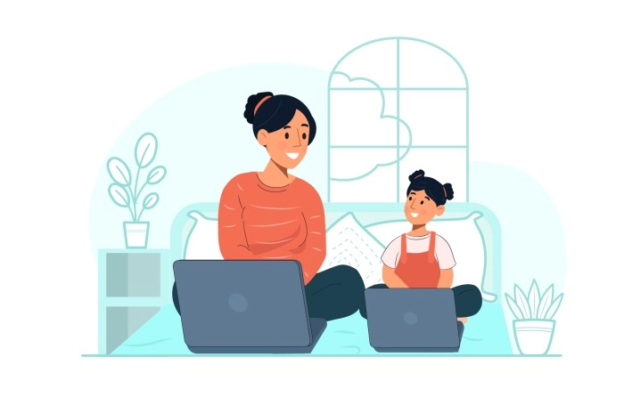 Women With Her Daughter  Work From Home Activity Premium Vector