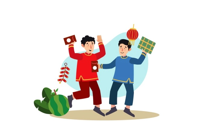 Happy Tet Viet Day With Illustration Of Two Brothers Premium Vector
