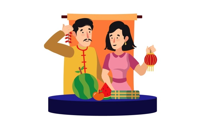 Couple Celebrating Happy Tet Vietnamese Day Illustration Premium Vector