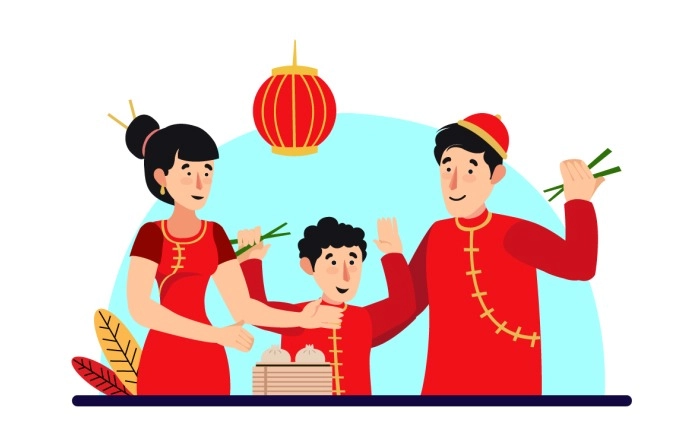 Chinese Family Celebrating New Year In Traditional Costume Premium Vector