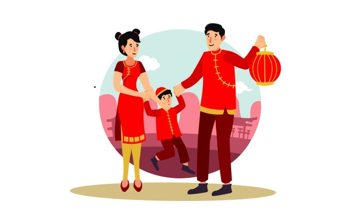 Happy Chinese Family Celebrating New Year  Free Vector Illustration