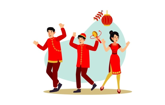 Man And Women Celebrate Chinese New Year In Free Dance  Style Illustration