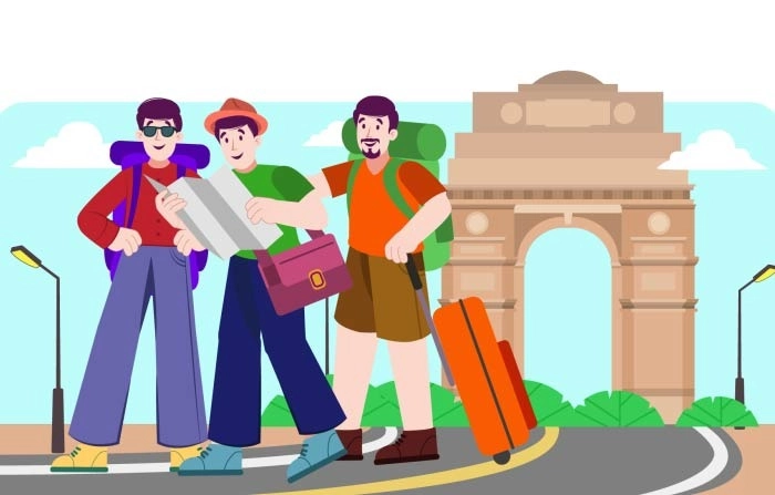 People Together On Vacation With A Backpack Illustration Premium Vector image