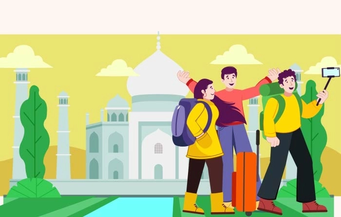Group Of Friends With Luggage Going On Their Summer Vacation Illustration image