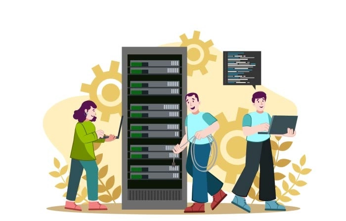 Engineer Team With Thin Modern Aluminum Laptop In A Network Server Room Illustration