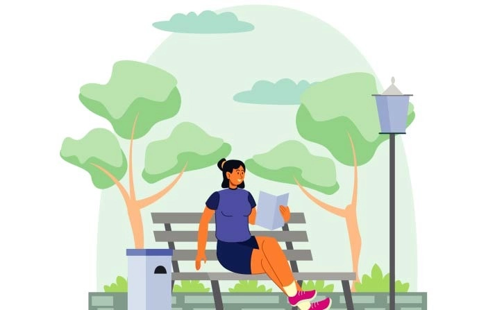 Women Relaxing At The Park And Reading Book In Bench Premium Vector