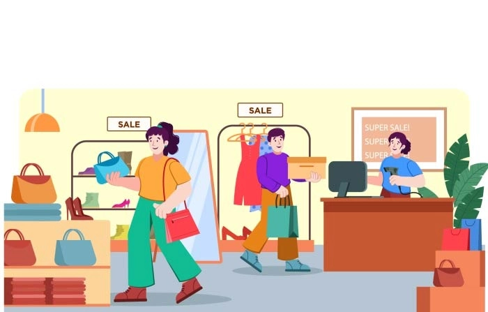 Customers Shopping In Shops With Bags Illustration Premium Vector